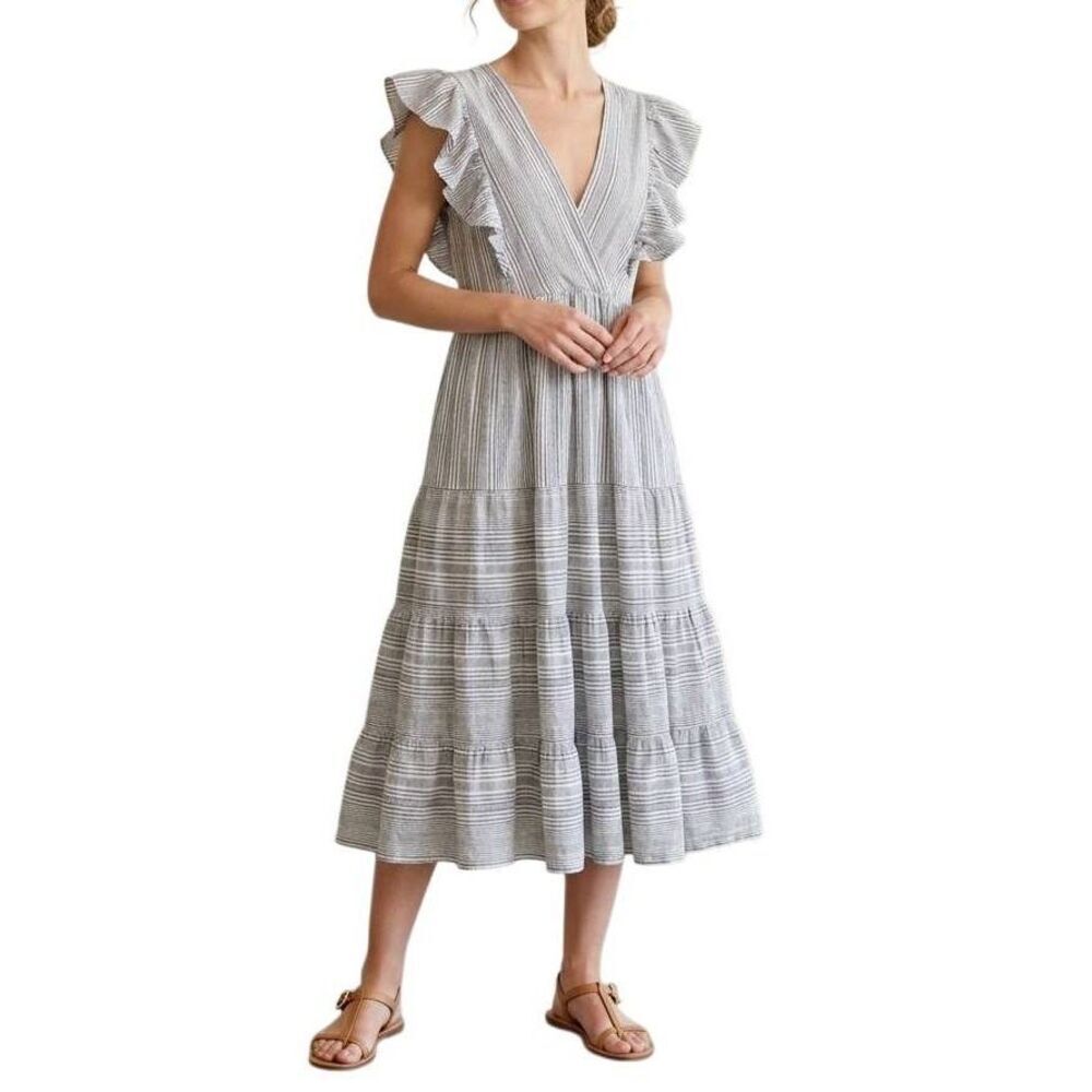 Storia flutter sleeve White & Navy striped crinkle v-neck midi dress womens S